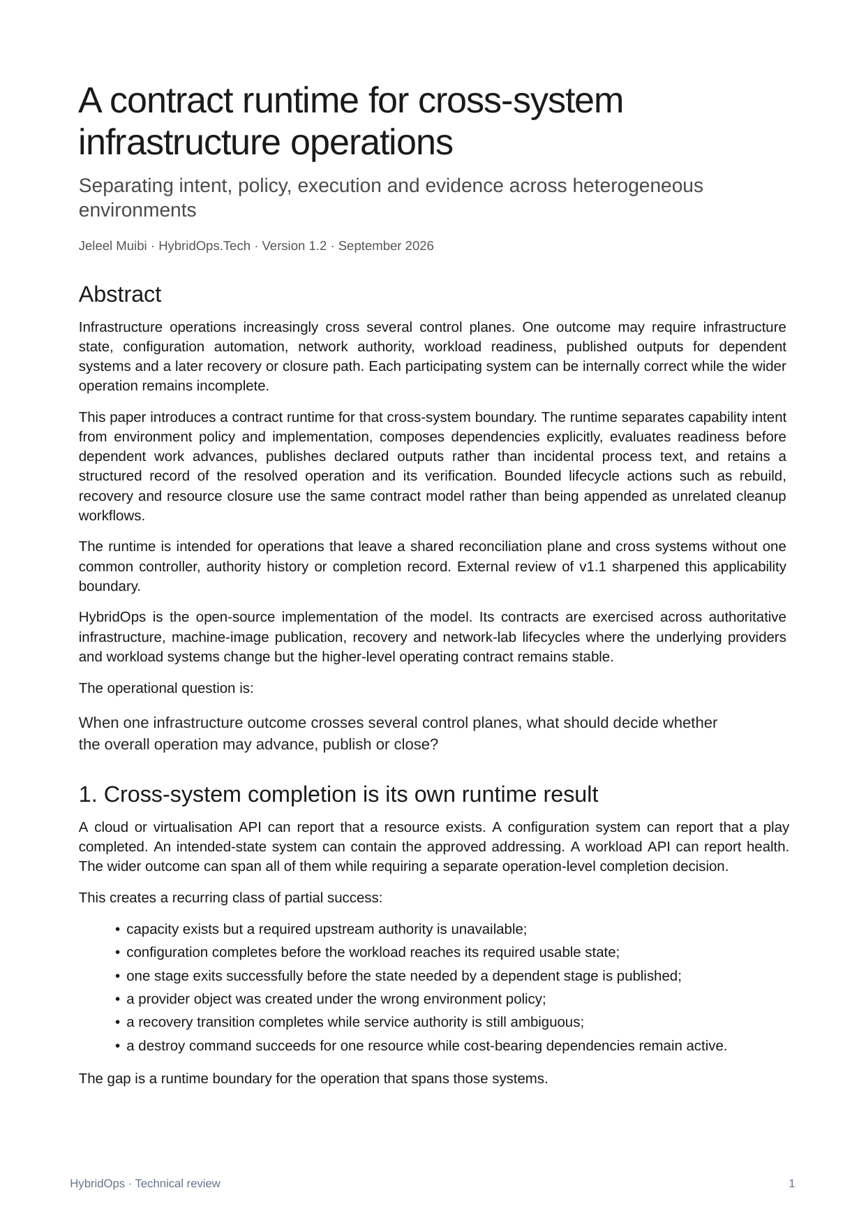 First page of the HybridOps Contract Runtime v1.2 technical review paper